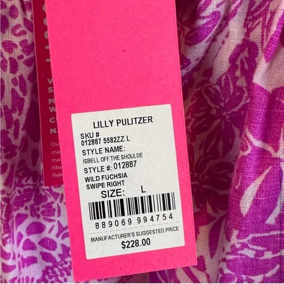 NWT Lilly Pulitzer Maxi Dress Off The Shoulder Women’s Large Hot Pink White - Picture 5 of 5